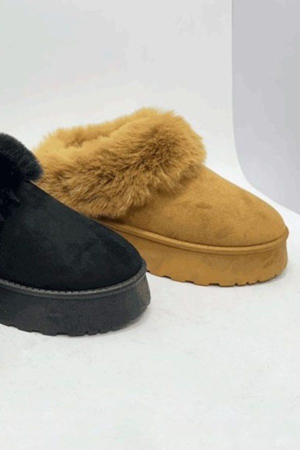 Warm And Fuzzy Camel Faux-Fur Platform Slip On Booties Supply