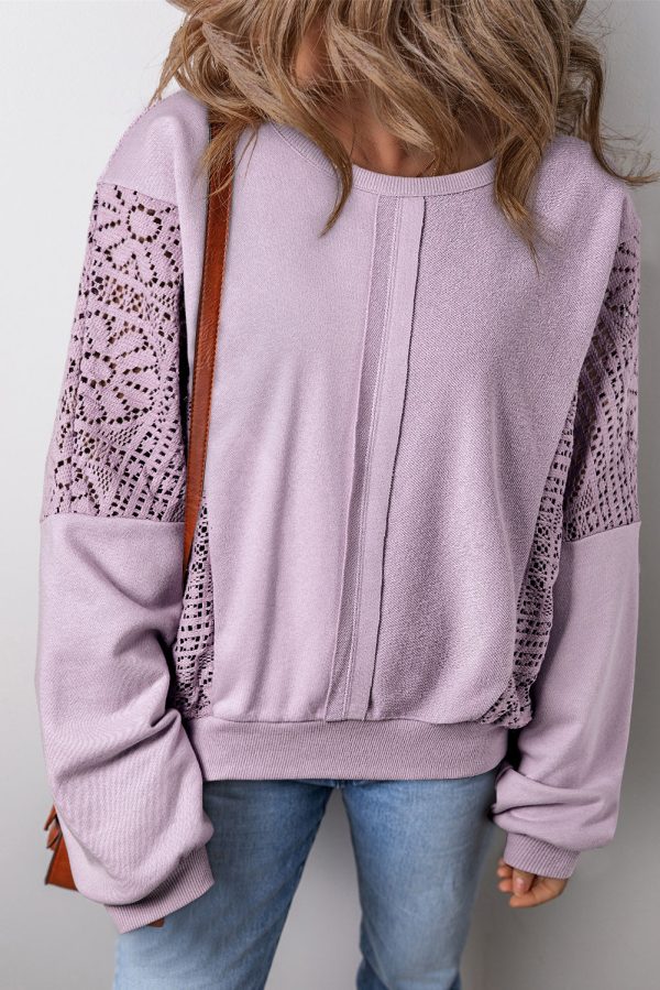 Feeling Good About Myself Orchid Knit Crochet Seam Ribbed Trim Sweatshirt Top Sale