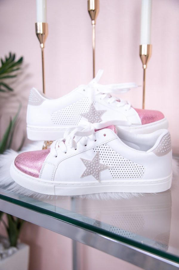 Sole Searching Light Pink Off White Metallic Star Sneakers - SHO2610LPK For Cheap