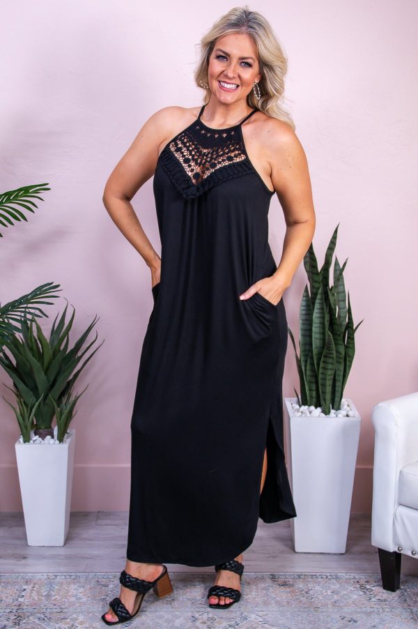 Mirror Mirror On The Wall Black Solid Crochet Maxi Dress - D5472BK For Discount