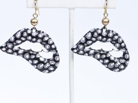 Black White Gray Lips and Teeth Earrings - EAR3289BK For Cheap