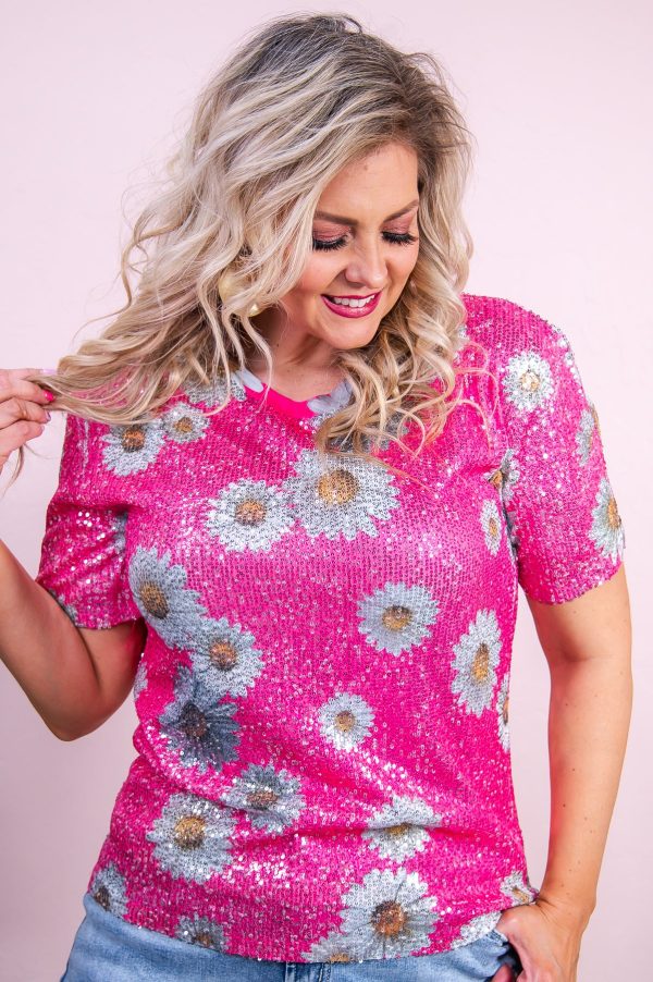 Just Be A Daisy Hot Pink Multi Color Sequin Daisy Top - T9098HPK Online