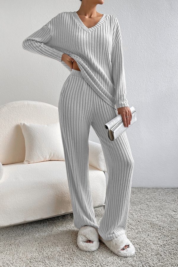 Lounge Mode Grey Ribbed Slouchy Two-piece Set Online now