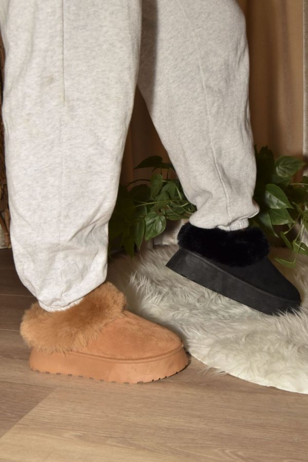 Warm And Fuzzy Camel Faux-Fur Platform Slip On Booties Supply