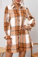 Boldly Plaid Khaki Plaid Pattern Collared Neck Ruffled Sleeve Shirt Dress Online Sale