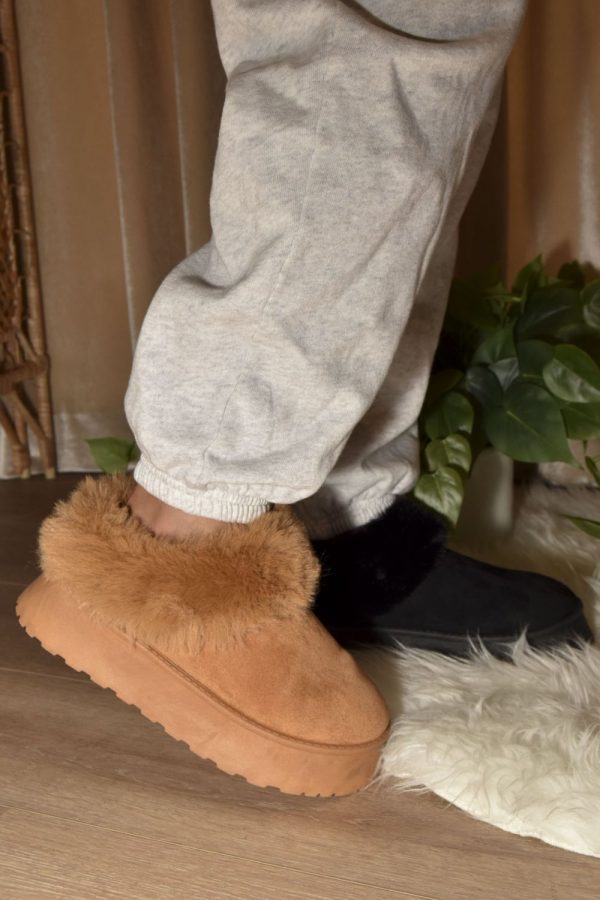 Warm And Fuzzy Camel Faux-Fur Platform Slip On Booties Supply