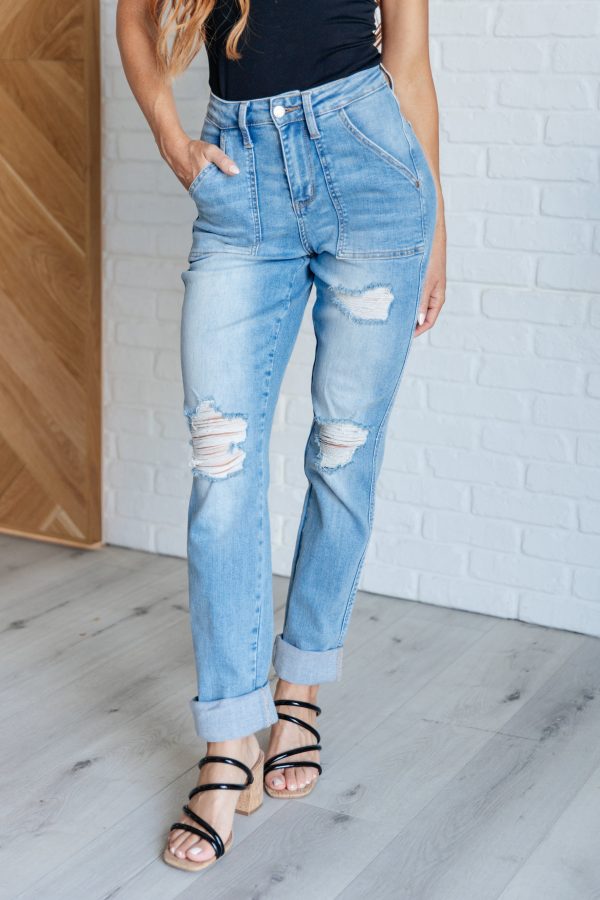 Aiden High Rise Patch Pocket Distressed Boyfriend Jeans Online Sale