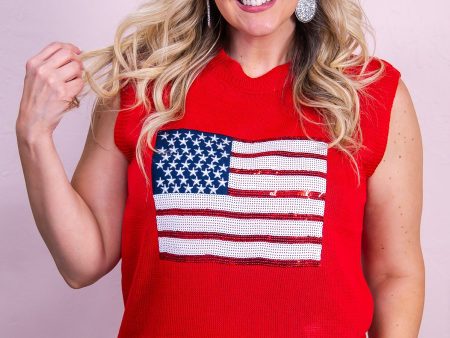 Yankee Doodle Dandy Red Multi Color Sequin Patch American Flag Knitted Top - T9818RD Hot on Sale