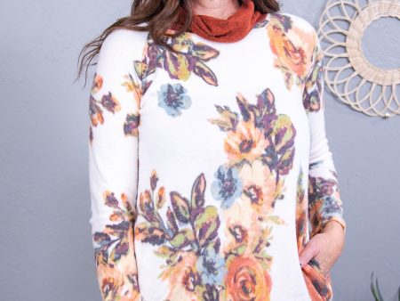 Winter Stroll Through The Garden Ivory Multi Color Floral Cowl Neck Top - T10545IV Online now