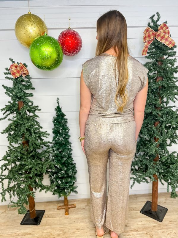 Foil Pull On Knit Pant-Champagne For Cheap