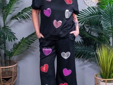 Don t Go Breaking My Heart Black Sequins Heart Printed Top Pant(2pc Set) Hot on Sale