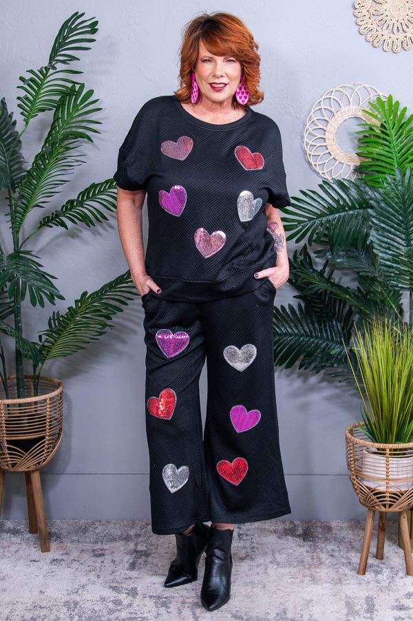 Don t Go Breaking My Heart Black Sequins Heart Printed Top Pant(2pc Set) Hot on Sale