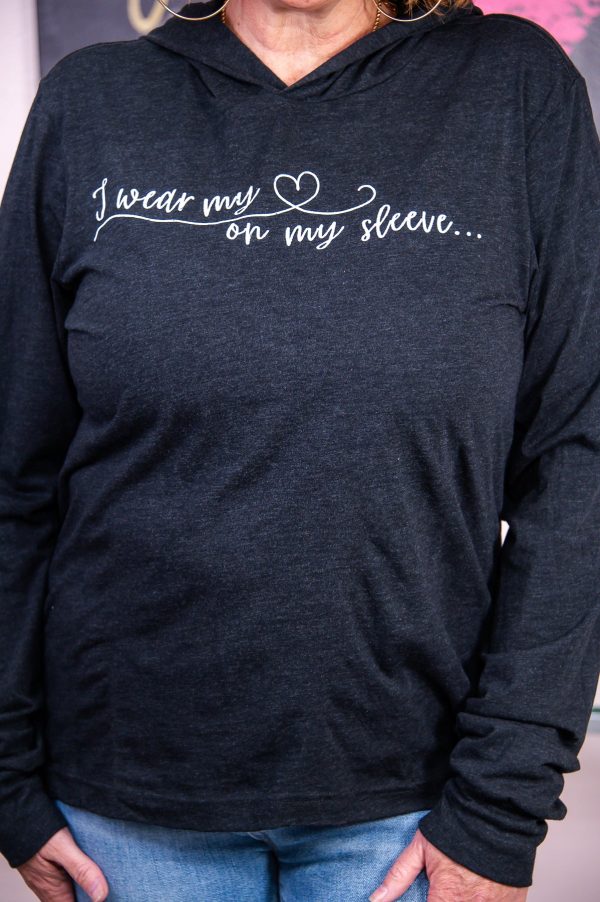 I Wear My Heart On My Sleeve Charcoal Black Long Sleeve Hooded Graphic Tee - A2841CBK Fashion