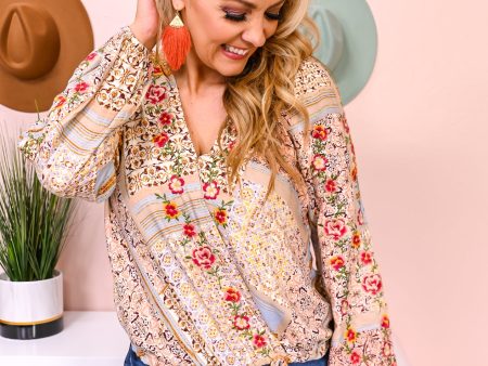 Bold Decisions Taupe Multi Color Pattern Embroidered V Neck Top - T5015TA Cheap