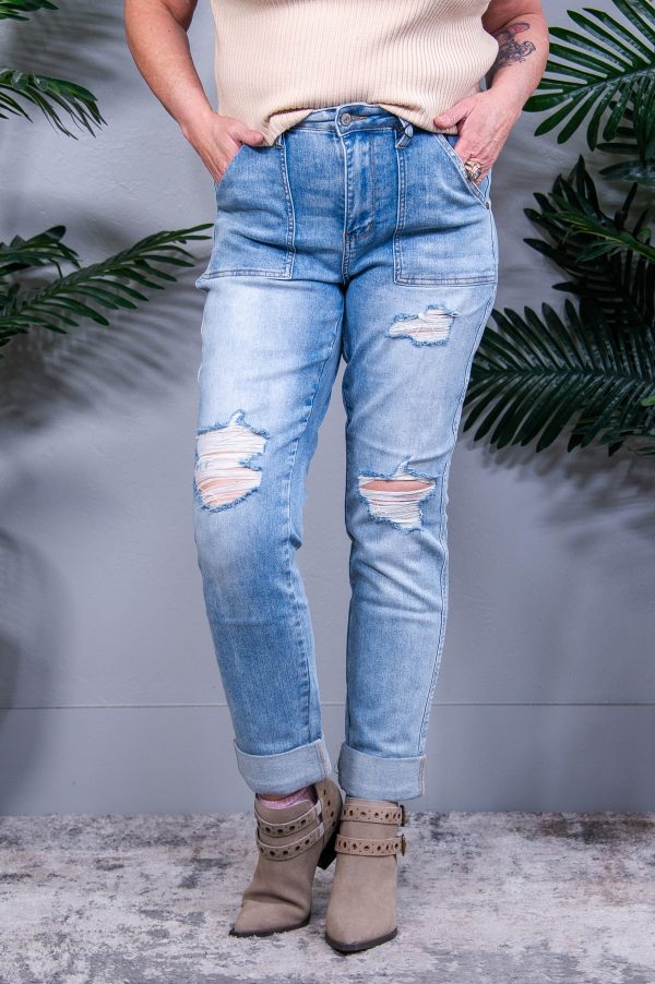 Aiden High Rise Patch Pocket Distressed Boyfriend Jeans Online Sale