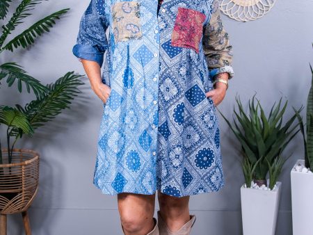 Whispered Words Blue Multi Color Paisley Floral Patchwork Dress - D5542BL For Discount