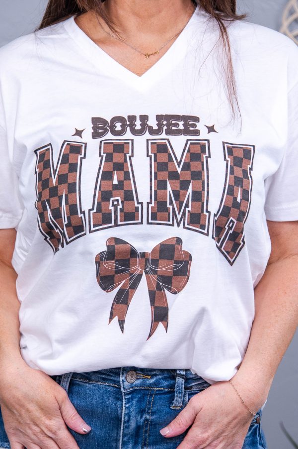 Boujee Mama White Bow Printed V Neck Graphic Tee - A3778WH Hot on Sale