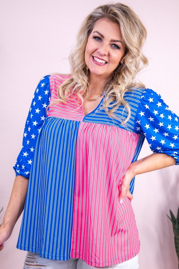 See You Around Blue Pink White Stars Striped Top - T9348BL For Discount