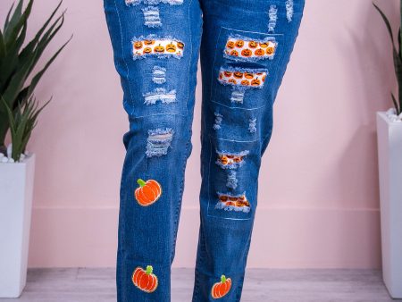 Coraline Medium Denim Orange Distressed Pumpkin Patch Jeans - K1214DN Fashion