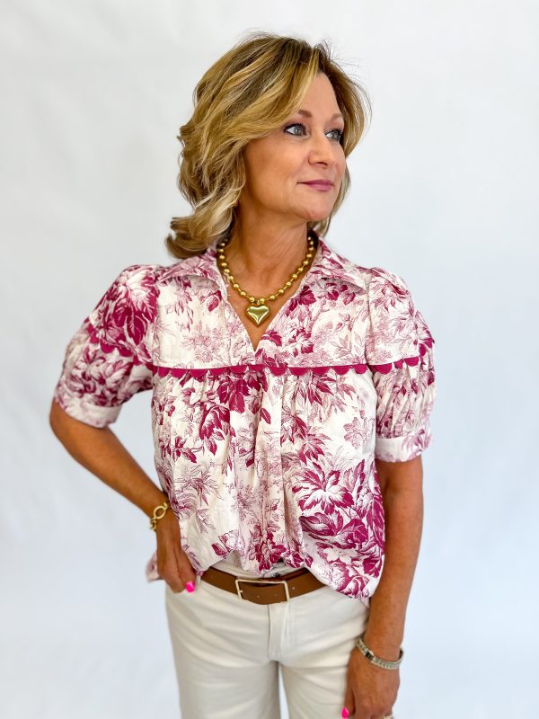 Sweet Times Collared V Neck Top-Merlot Fashion