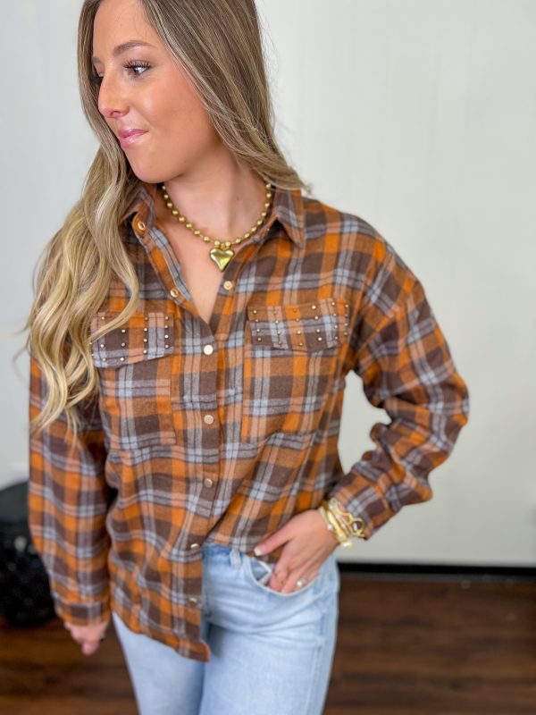 Flannel Fling Button Up Top - Mocha Online Hot Sale