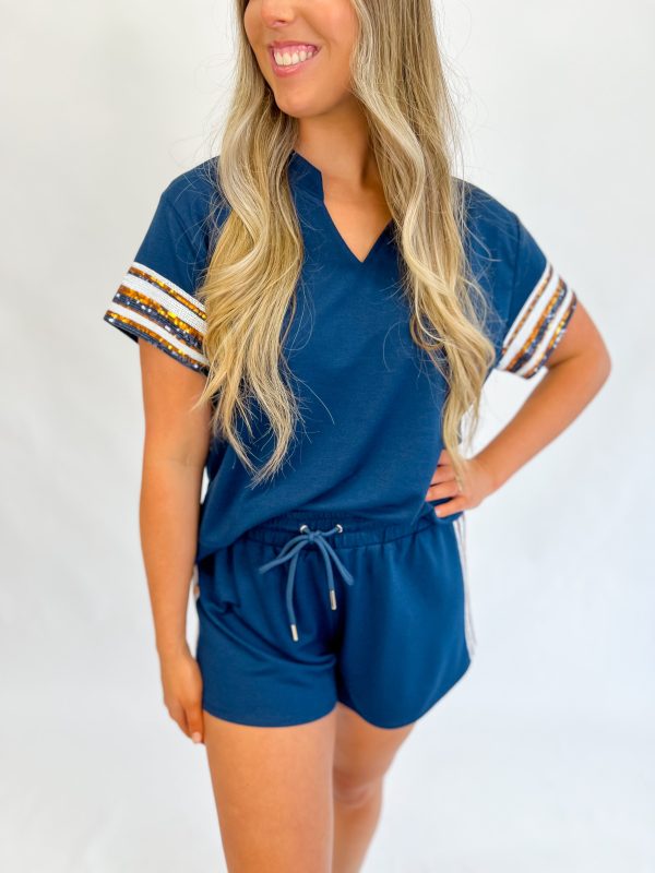 [Mary Square] Lauren Navy & Orange Short Set Fashion